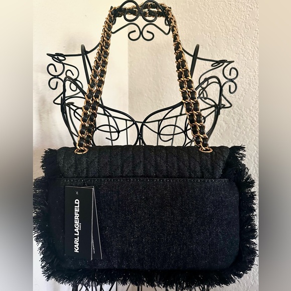 NWT Elegant Karl Lagerfeld Paris Agyness Black Denim Pearl-Embellished Bag - Picture 6 of 13